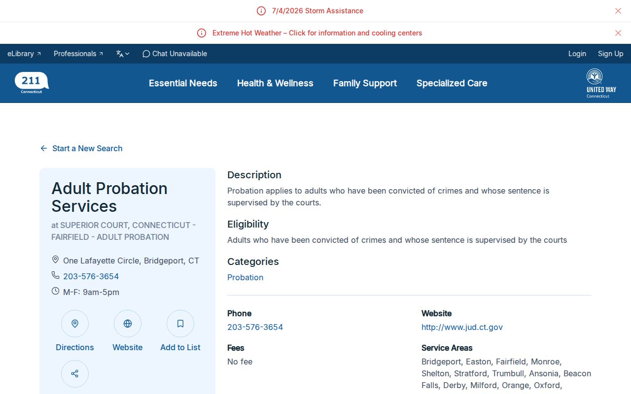 Bridgeport Adult Probation release supervision listing for Stratford