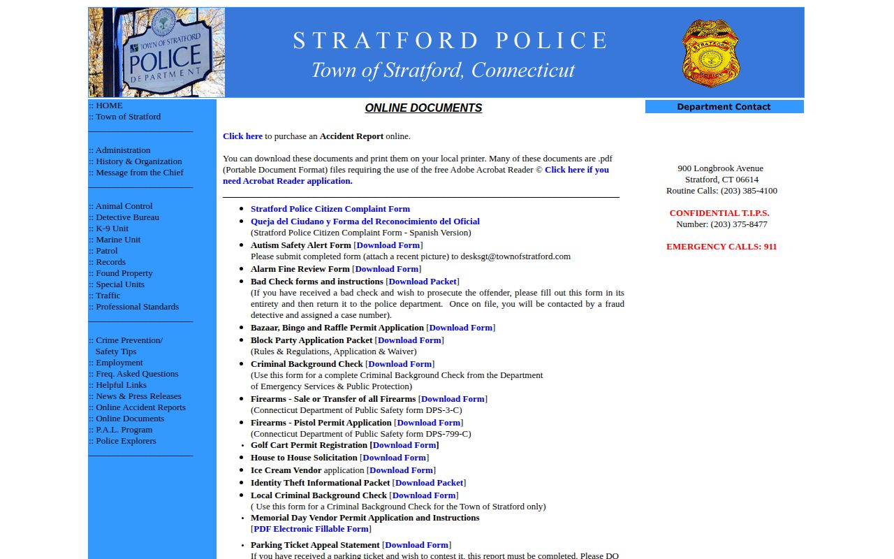 Stratford Police online documents for same-day release records