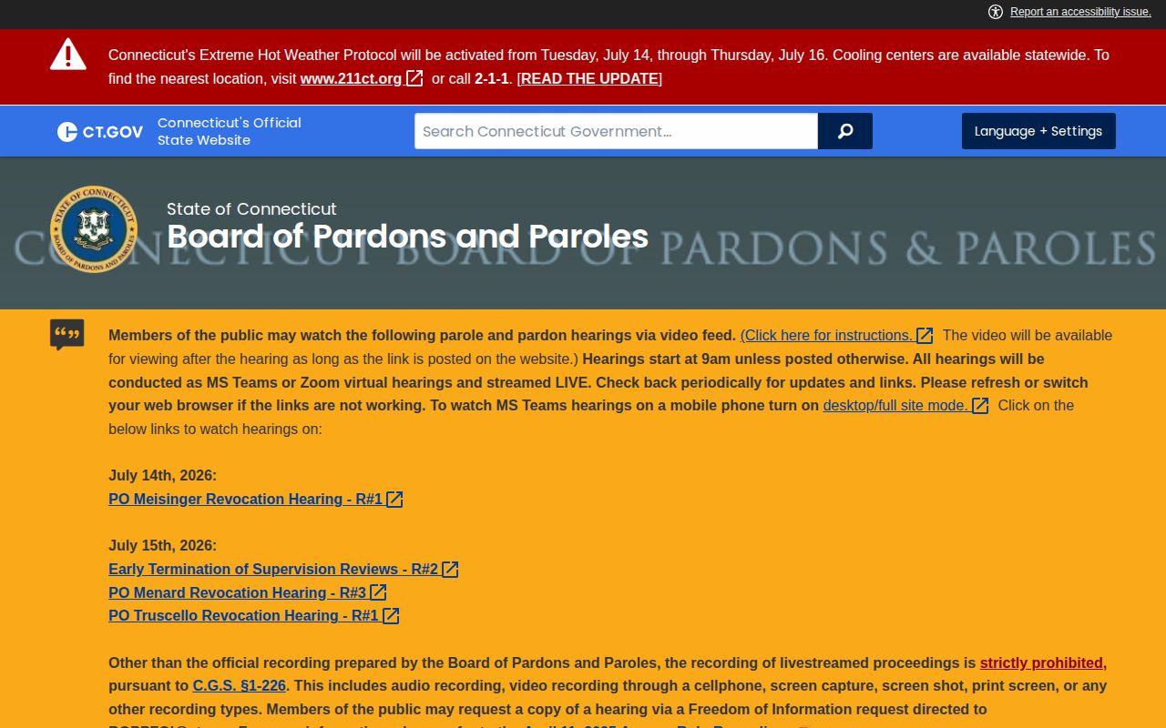 Stratford County parole and probation Board hearing page