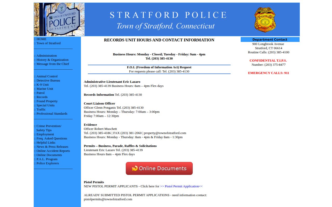 Stratford Police Department holding release records page