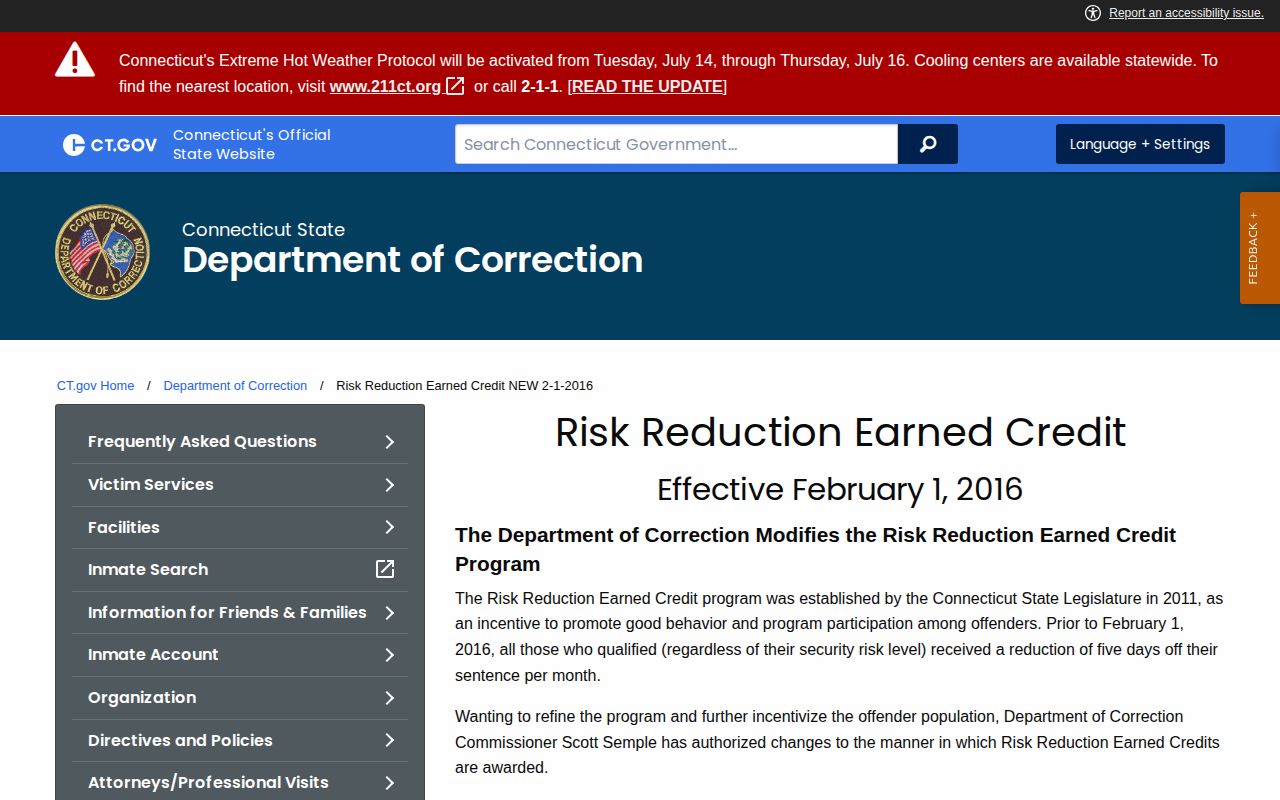 Stratford County inmate release date CT DOC earned credit page